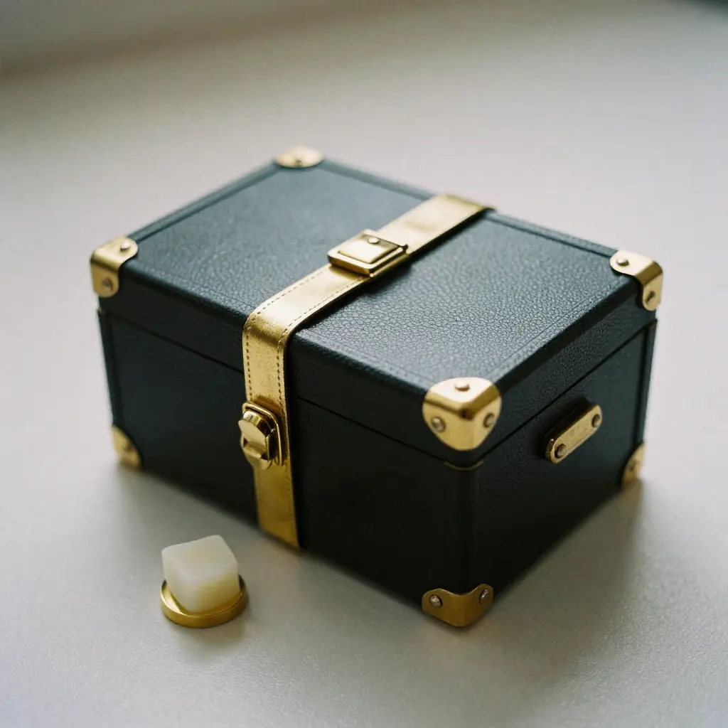 Caja negra mate con lazo dorado y sello de cera